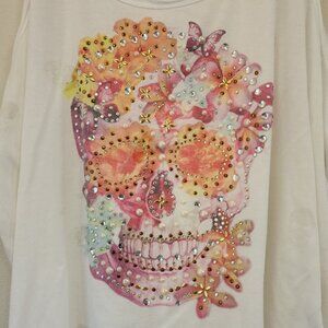 Lane Bryant 26/28 Skull Graphic Tank Top White Halloween Tee Beaded Grunge Chic